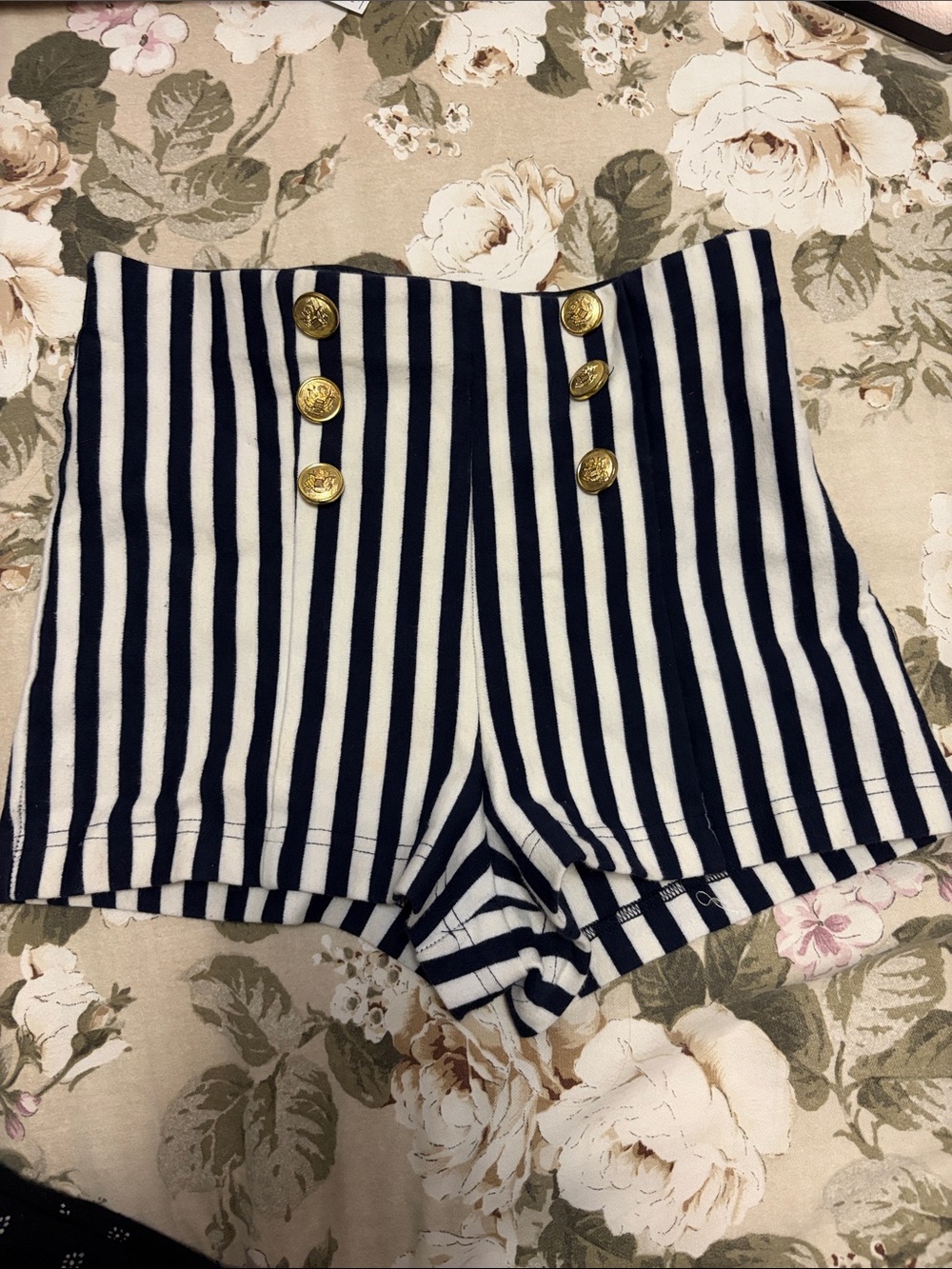 Forever 21 Navy and White High-Waist Striped Sailor Shorts with Gold Buttons